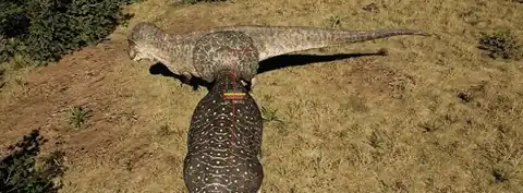 The Isle Evrima ESP with health, distance, and weight readouts during a carno fight
